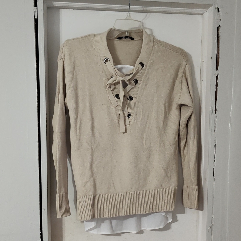 Beige Lace-Up Sweater for Women